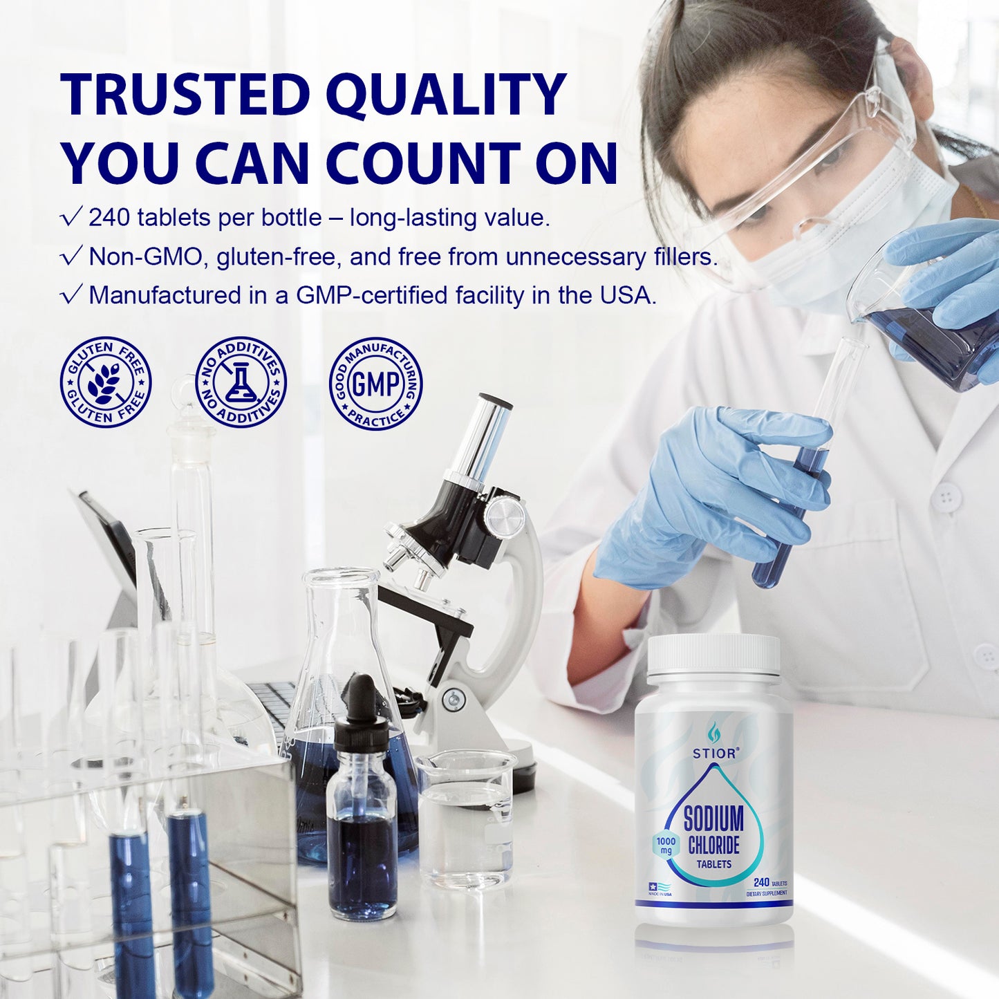 Sodium Chloride Tablets 1000mg, 240 Tablets, Sodium Chloride, Salt Pills with Electrolytes for Running, Non-GMO, Electrolytes Replenisher Hydration Drink, Made in USA